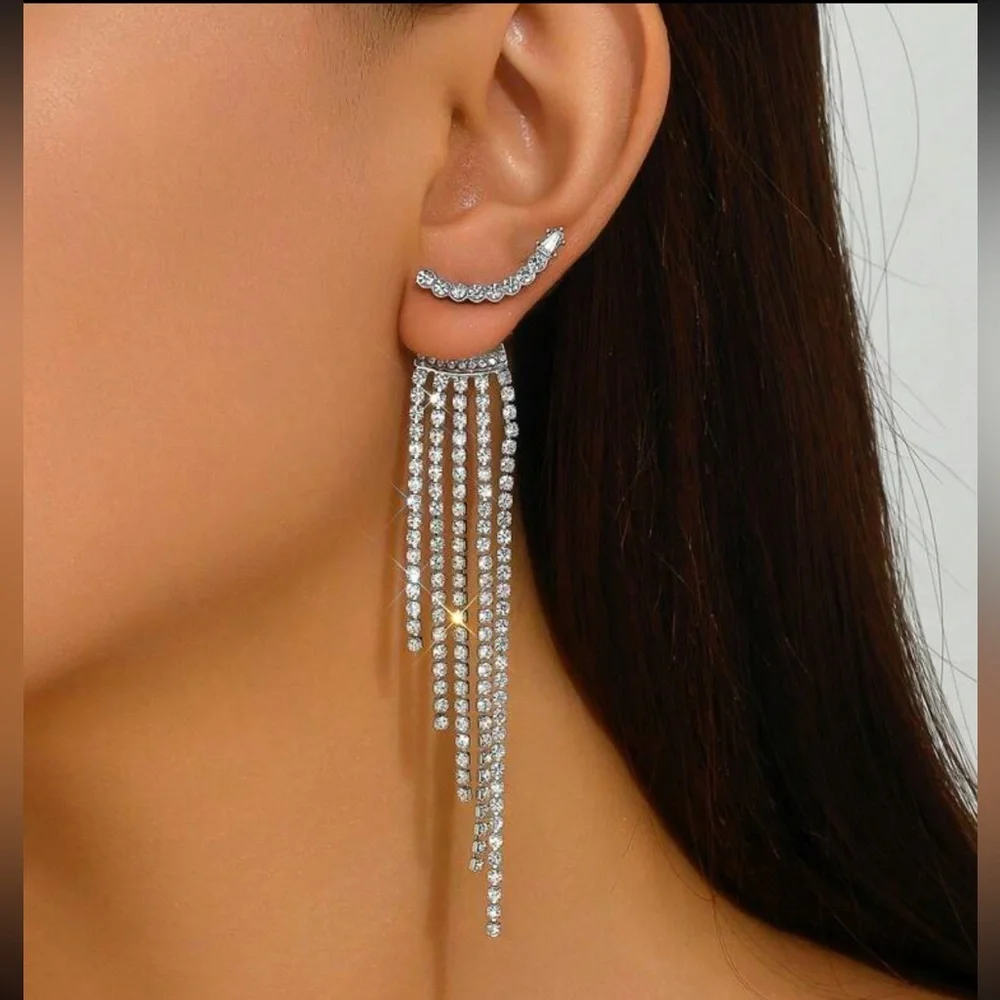 Silver Rhinestone Elegant Tassel Drop Earrings For Wedding Party Gift Women - Picture 1 of 5